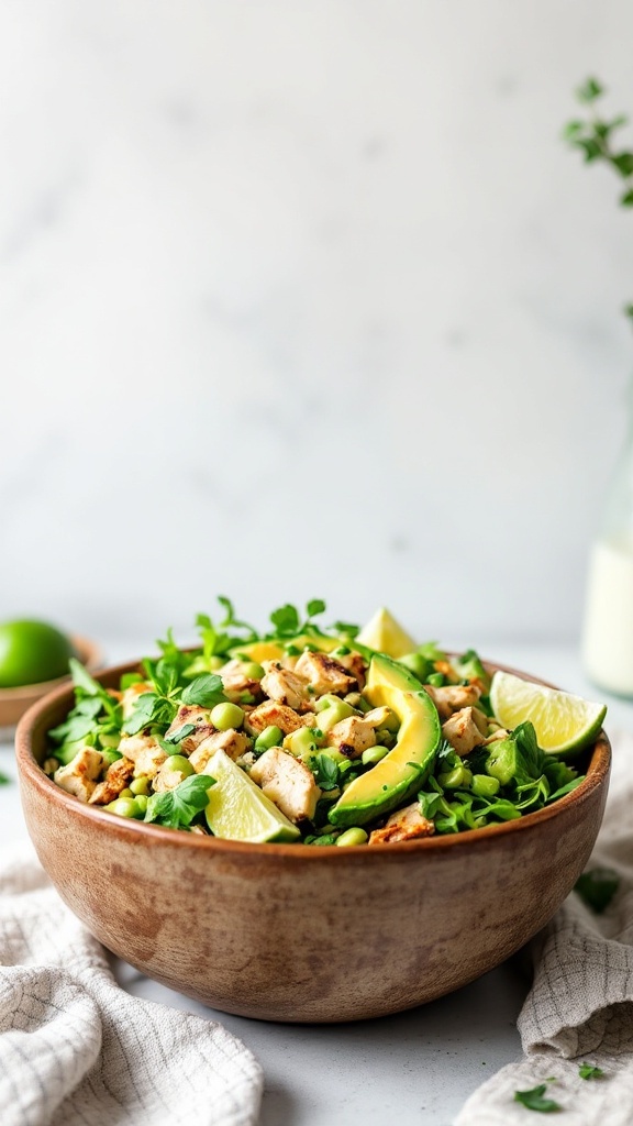 A bowl of avocado chicken salad topped with lime dressing and garnished with lime wedges.