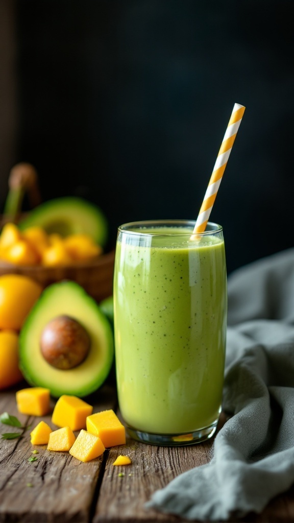 Avocado Mango Smoothie in a glass with a striped straw