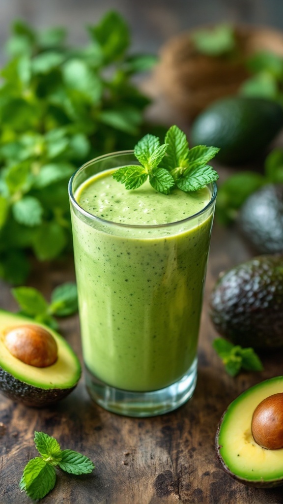 A vibrant green smoothie in a glass with fresh mint leaves