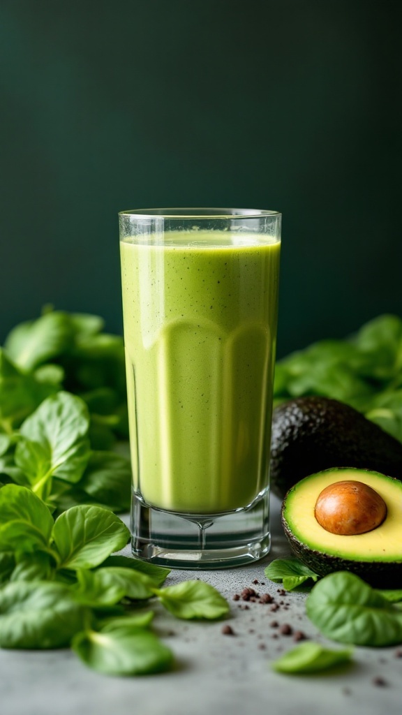 A refreshing green smoothie made with avocado and spinach in a glass, surrounded by fresh spinach leaves.