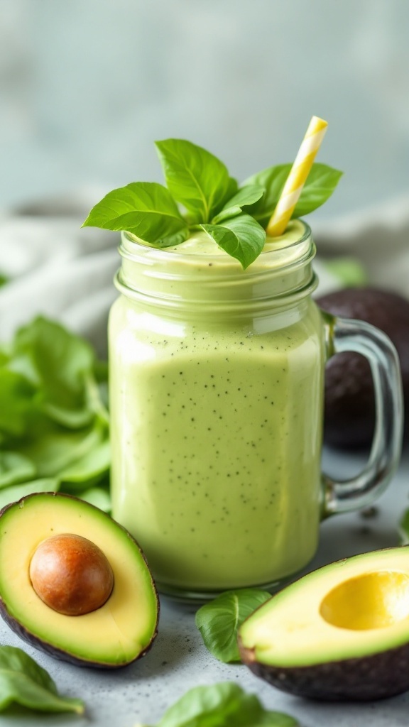 A refreshing avocado spinach smoothie in a jar with a yellow straw, surrounded by fresh ingredients.
