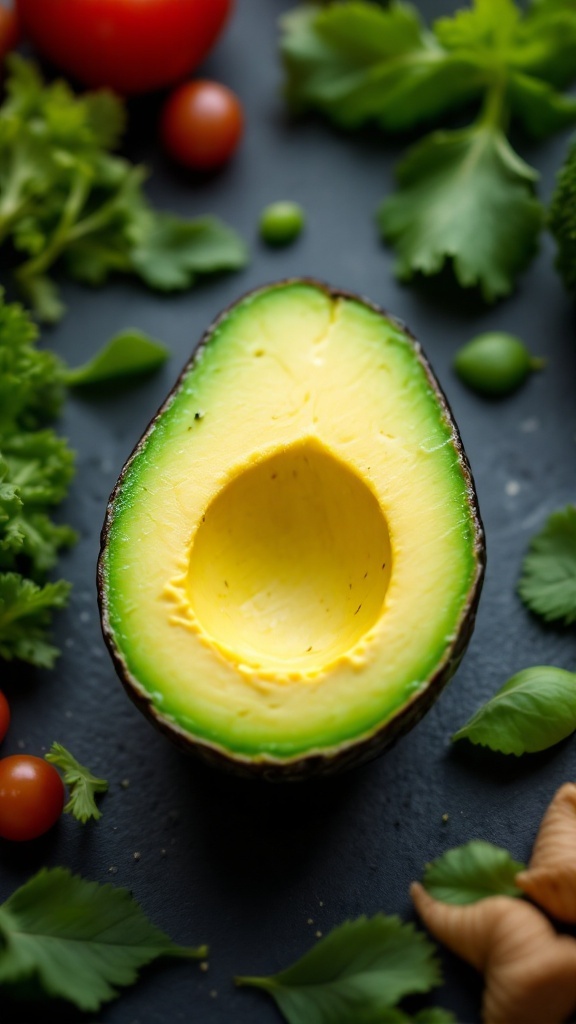 An avocado cut in half showcasing its creamy interior, surrounded by fresh vegetables.
