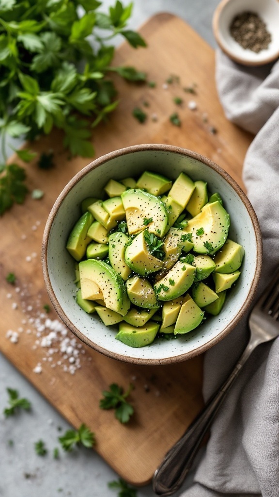 Bowl of sliced avocado with herbs on a wooden cutting board