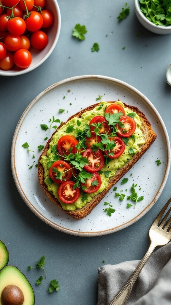 Delicious avocado toast topped with cherry tomatoes and herbs on a plate