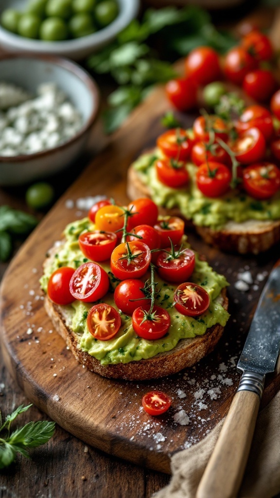 Avocado toast topped with cherry tomatoes on a wooden board
