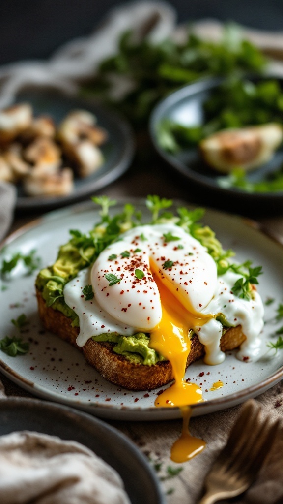 Avocado toast topped with poached egg and garnished with herbs.