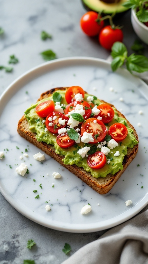 A plate with avocado toast topped with tomatoes and feta cheese.