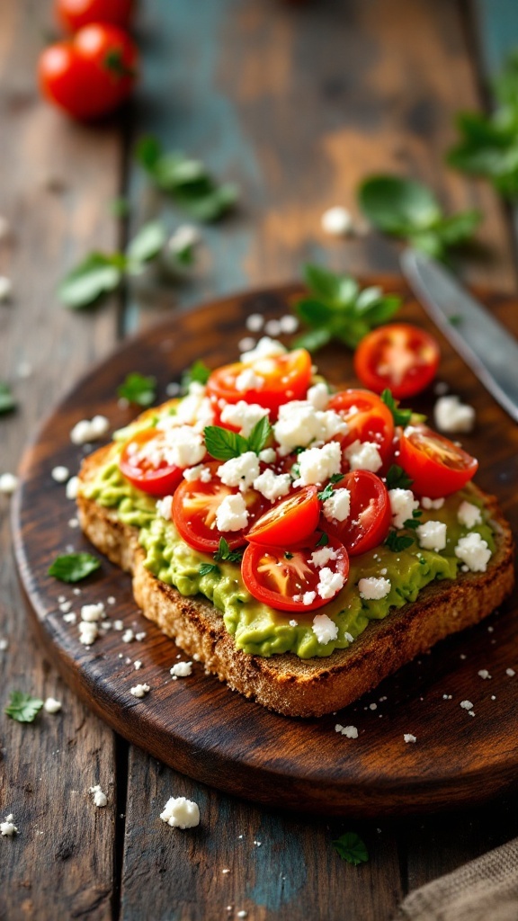 Avocado toast topped with cherry tomatoes and feta cheese on a wooden board