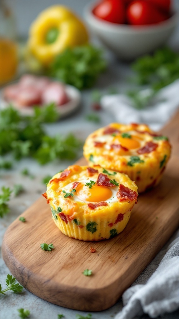 Bacon and Veggie Egg Muffins on a wooden board