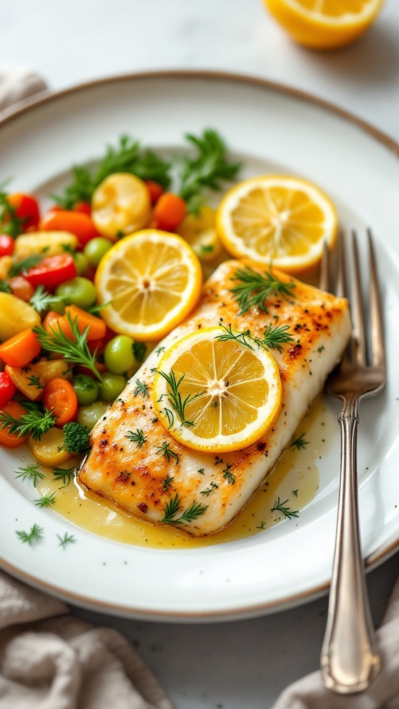 A plate of baked cod with lemon slices and dill, served with colorful vegetables on the side.