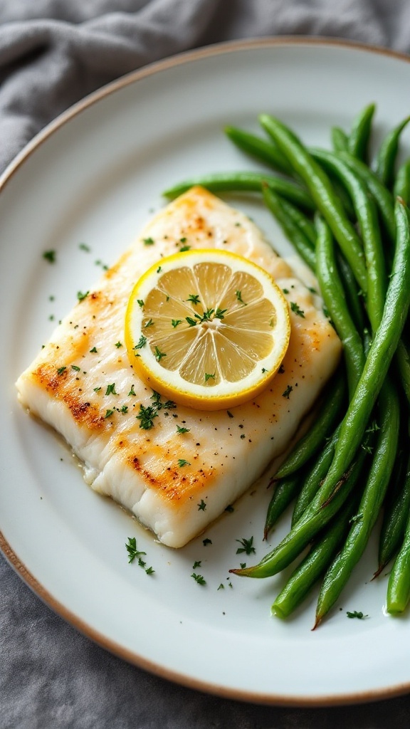 Baked cod fillet with lemon slices and green beans on a plate.