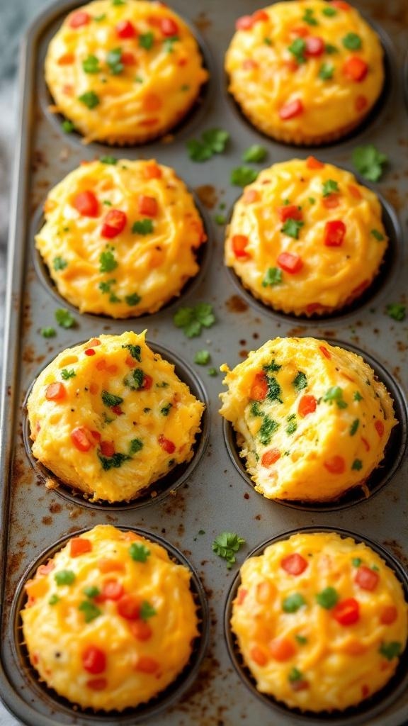 Baked egg muffins in a muffin tin, topped with colorful vegetables.