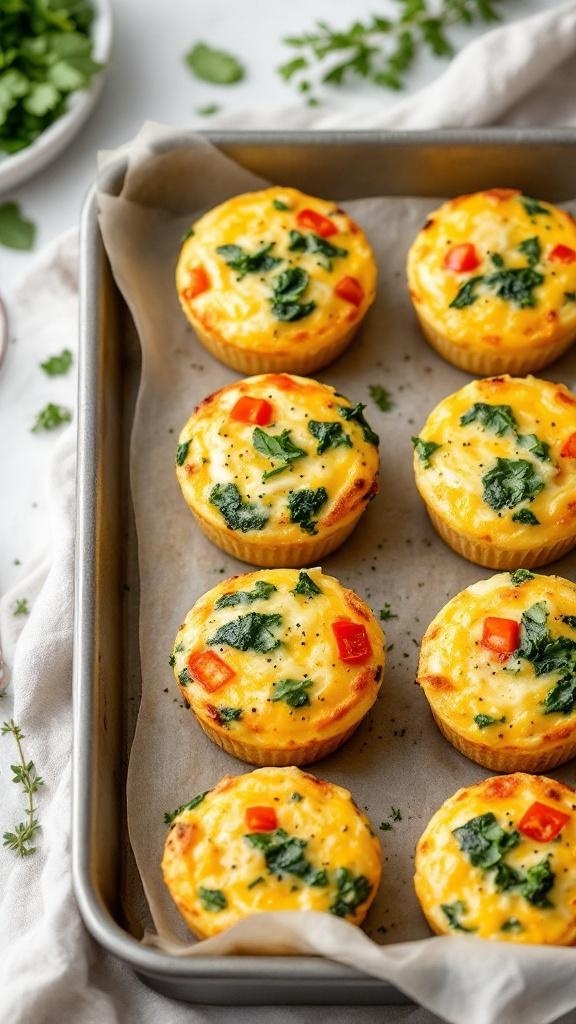 Baked egg muffins with spinach and cheese in a muffin tin