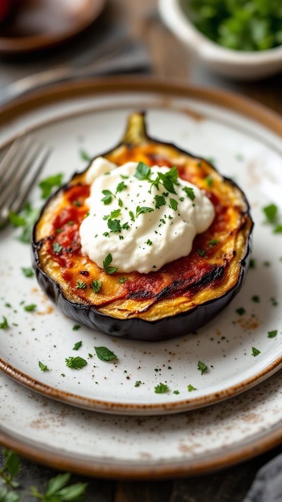Baked eggplant with ricotta served on a plate with parsley garnish