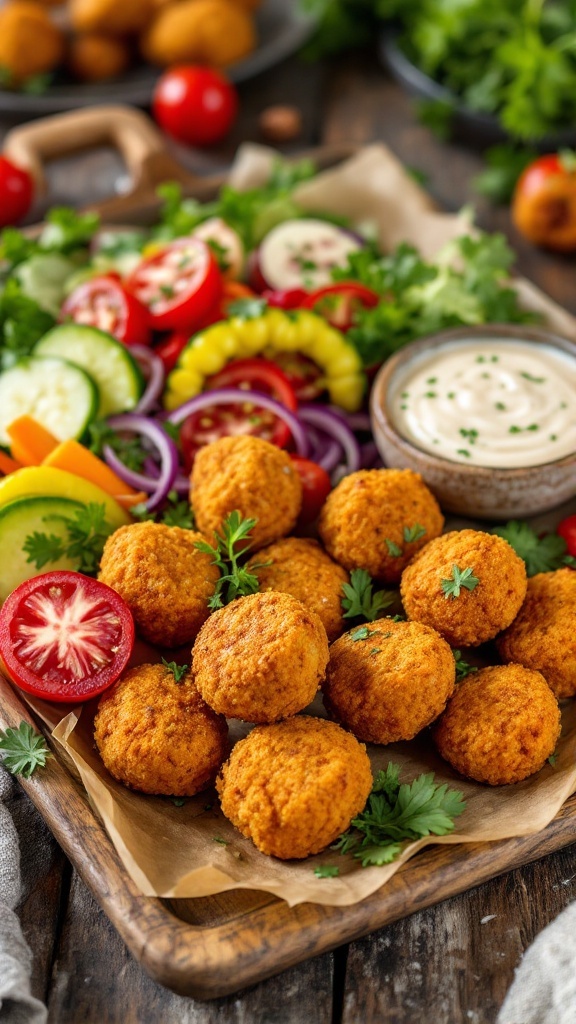 Baked falafel served with tahini sauce and fresh vegetables