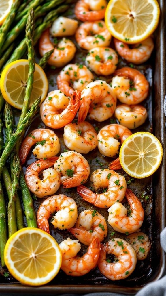 Baked lemon herb shrimp with asparagus and lemon slices on a baking sheet