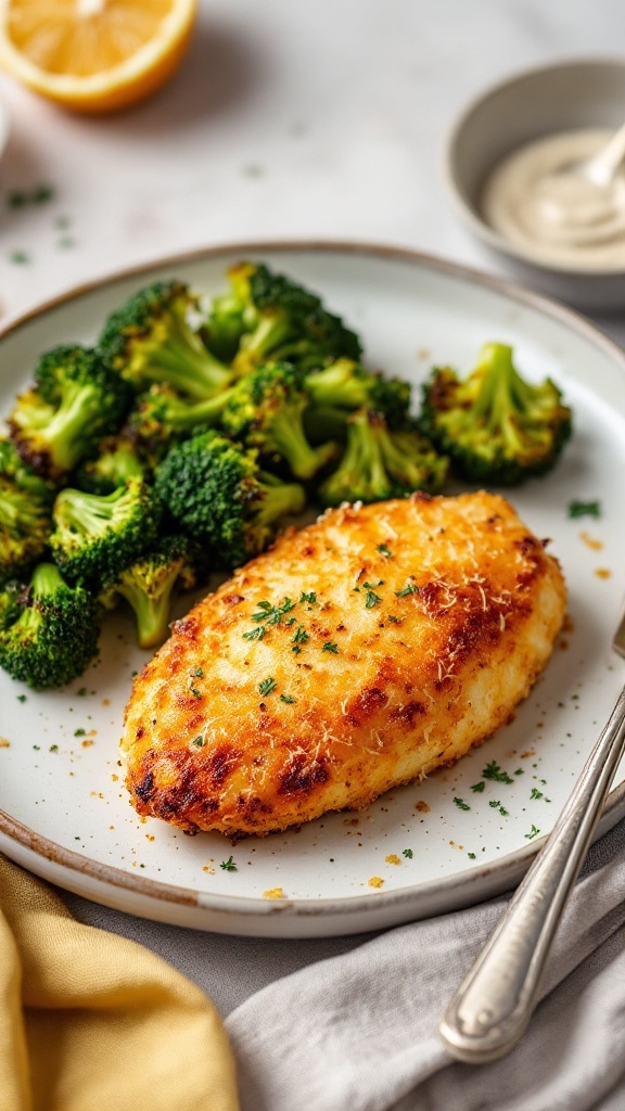 Baked Parmesan Crusted Chicken served with broccoli