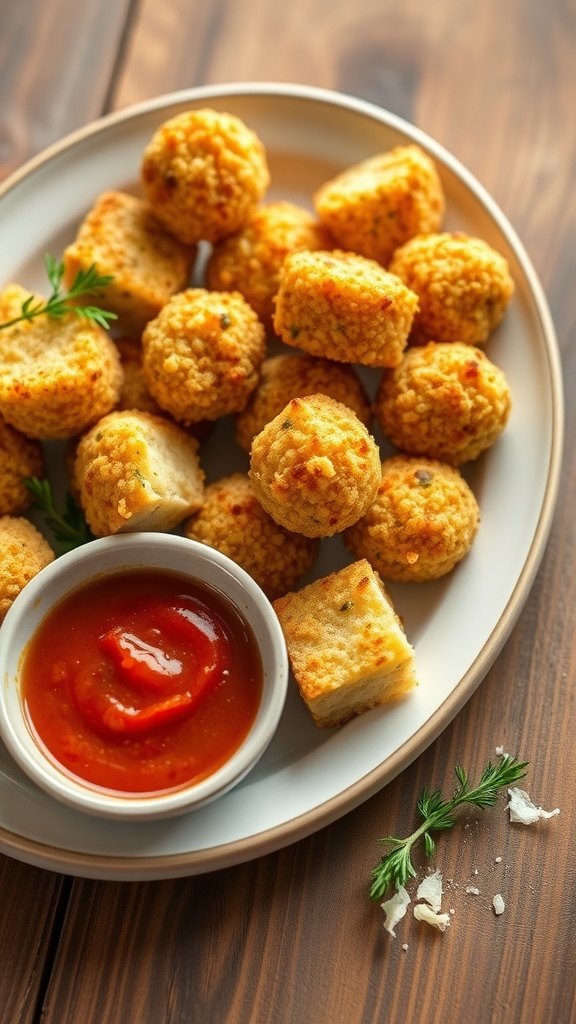 Plate of baked quinoa and cheese bites with a dipping sauce