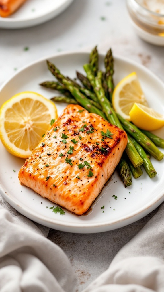 Baked salmon with asparagus and lemon slices on a white plate