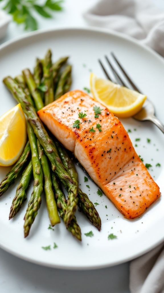 A plate with baked salmon and asparagus, garnished with lemon slices.