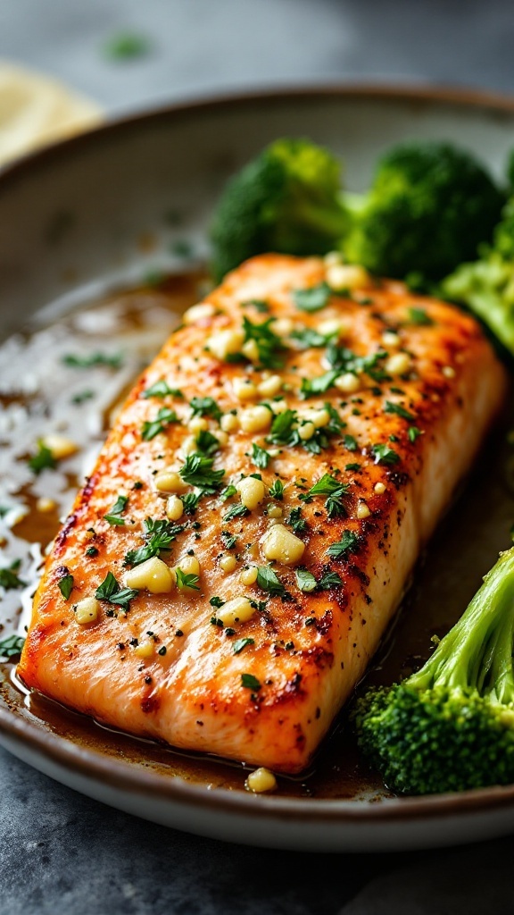 A plate of baked salmon fillet topped with garlic butter and served with broccoli.