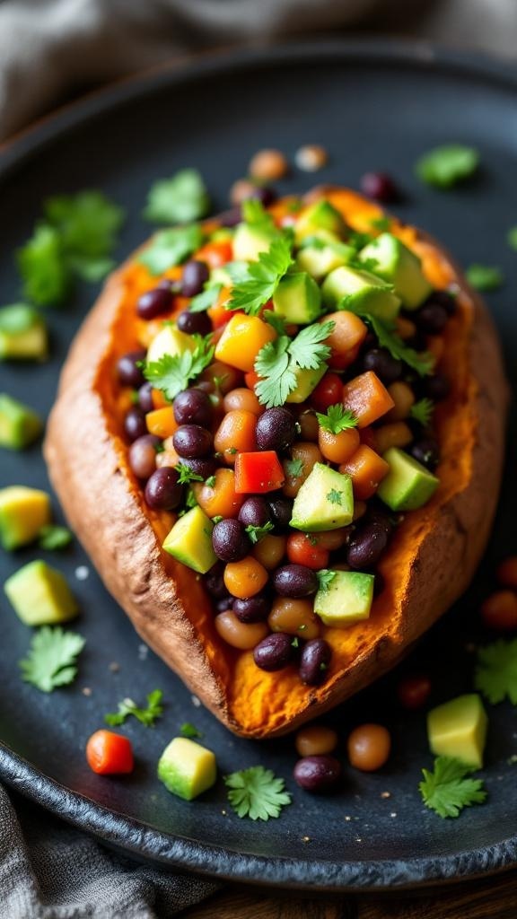 Baked sweet potato topped with black bean salsa and fresh vegetables