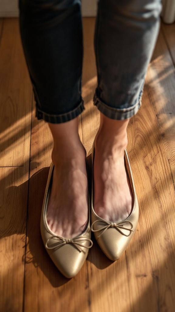 A pair of gold ballet flats worn with rolled-up jeans on a wooden floor.