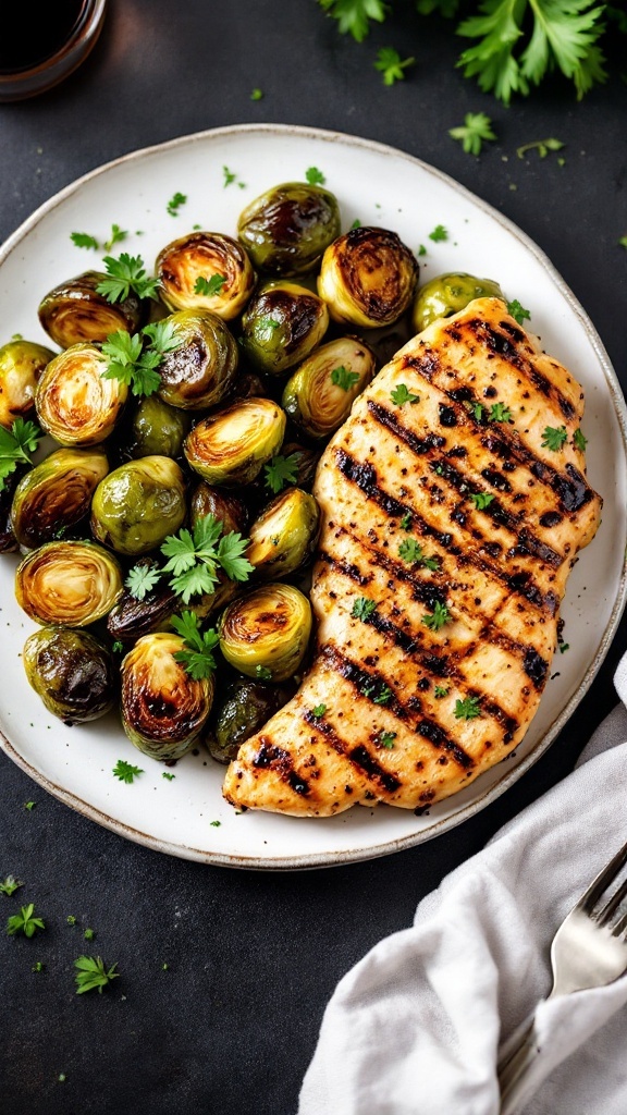 A plate of balsamic glazed Brussels sprouts and grilled chicken, garnished with parsley.