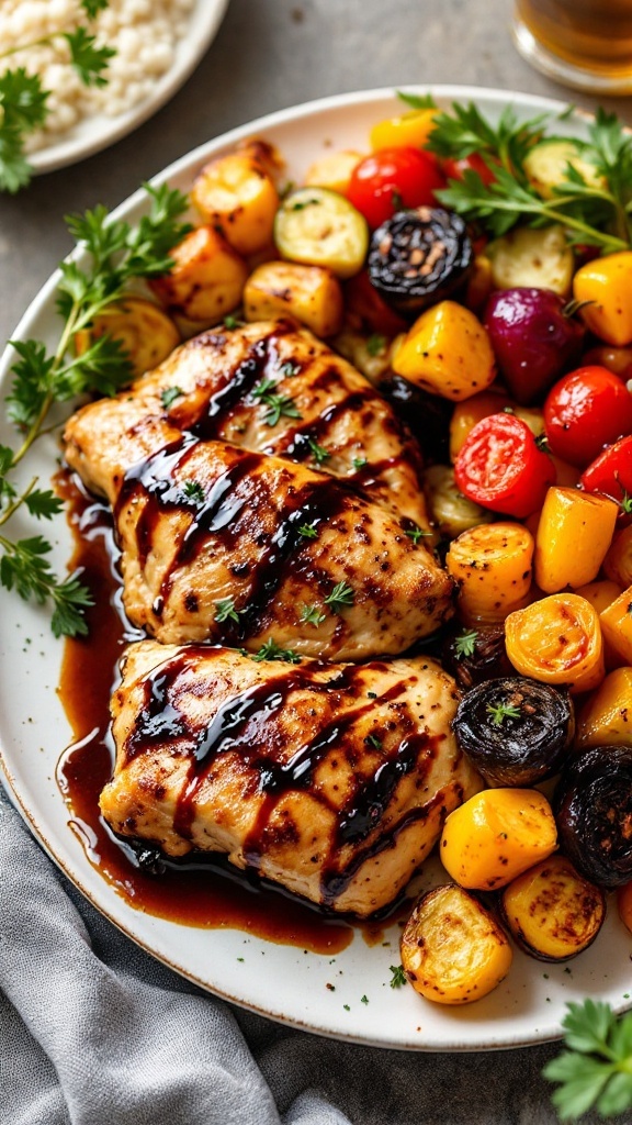 Balsamic glazed chicken served with colorful roasted vegetables.