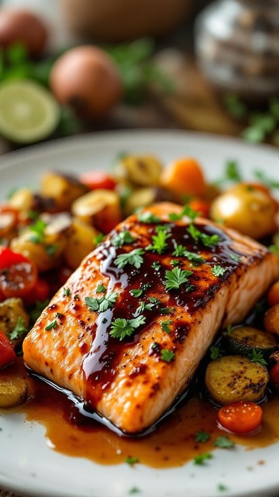 Balsamic glazed salmon with fresh herbs and vegetables on a plate
