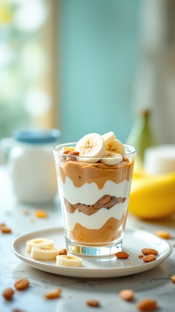 A delicious banana almond butter parfait with layers of yogurt, almond butter, and sliced bananas.