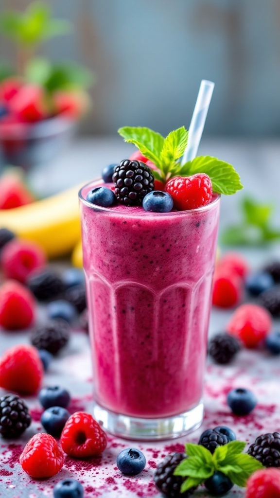A refreshing banana berry smoothie topped with fresh berries and mint.