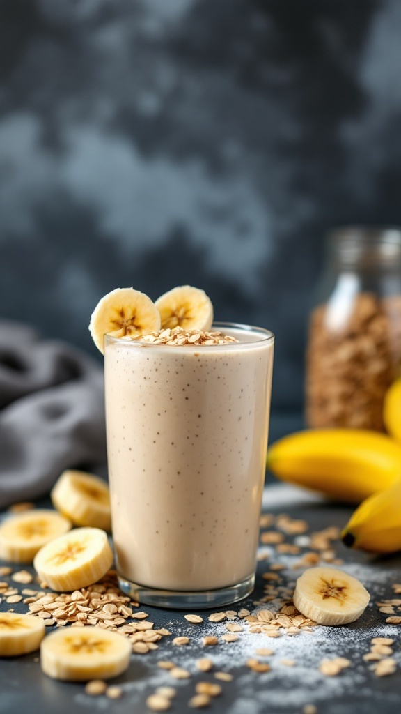 A delicious banana oat protein smoothie with oats and sliced bananas.