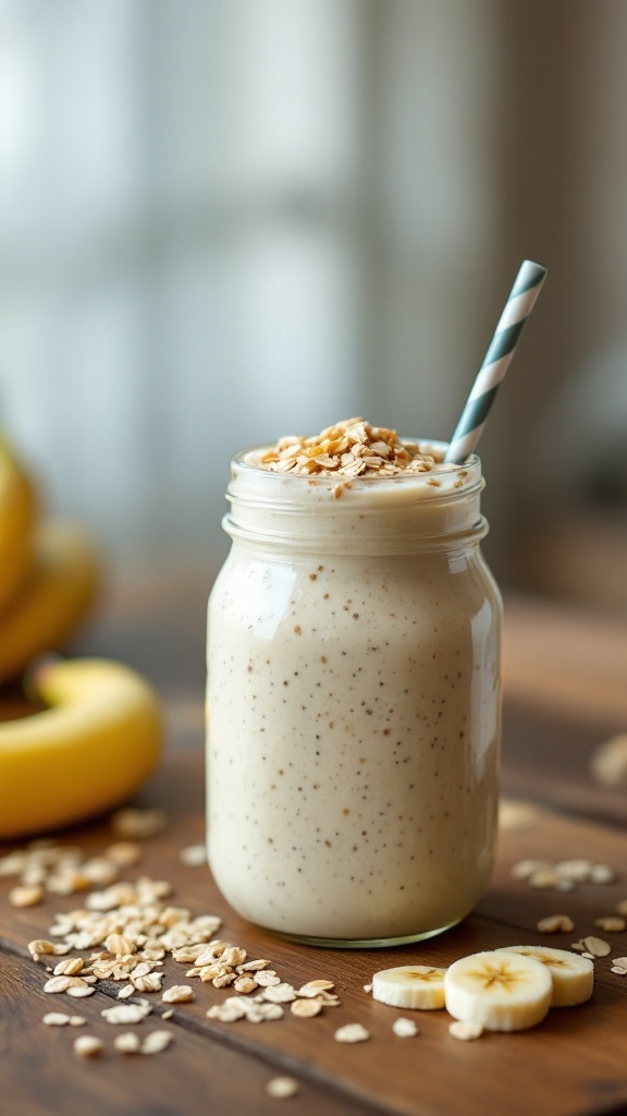 A delicious banana oatmeal breakfast smoothie topped with oats and served in a mason jar.