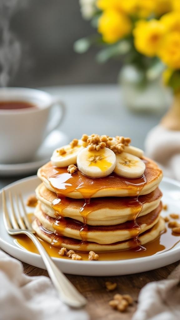 A stack of banana pancakes topped with banana slices and syrup, with a cup of tea and flowers in the background.