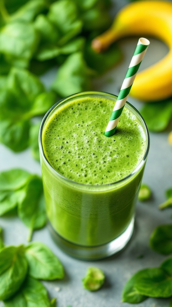 A green smoothie made with banana and spinach in a glass with a straw, surrounded by fresh spinach leaves and a banana.