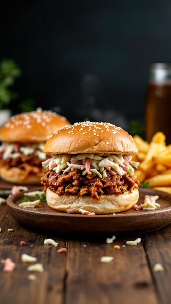 Barbecue pulled pork sandwiches with coleslaw on a wooden plate.