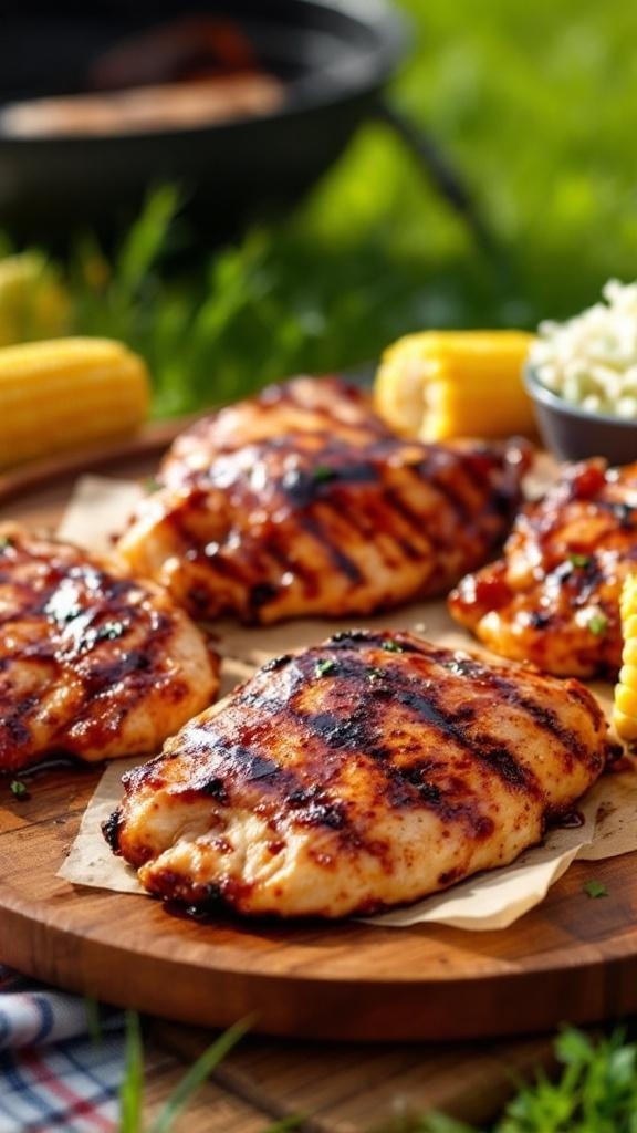 Grilled BBQ chicken breasts on a wooden platter with corn and salad
