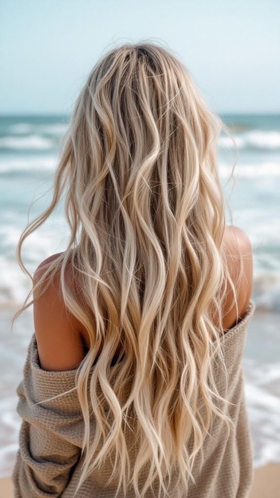 A woman with long, beachy textured waves standing by the ocean.