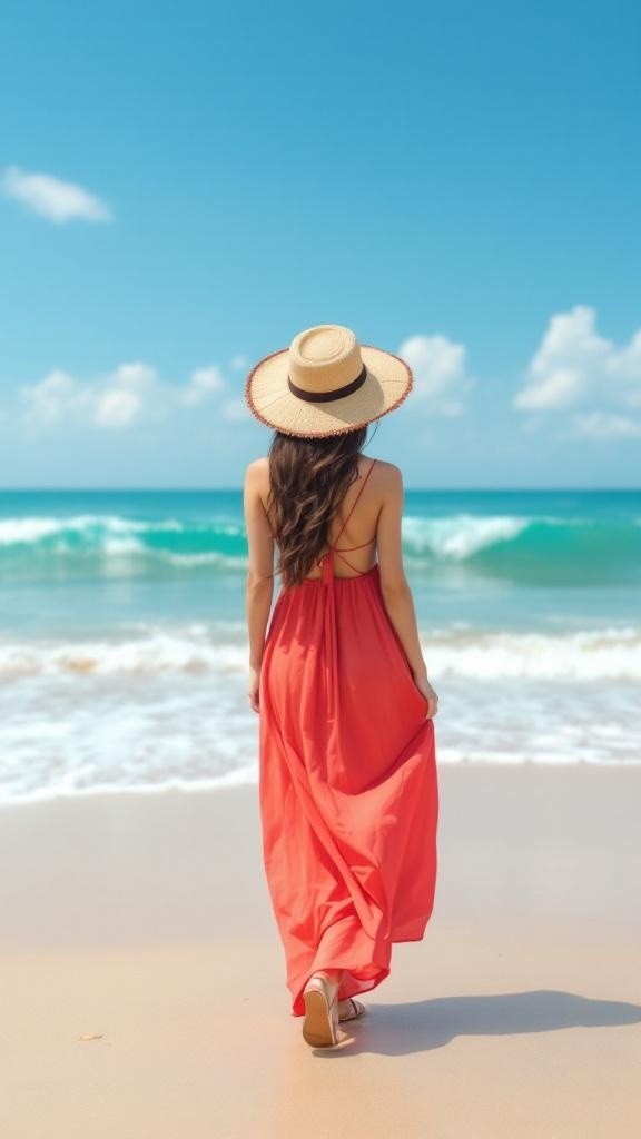 A woman in a flowing red dress walking along a beach with a straw hat, facing the ocean.
