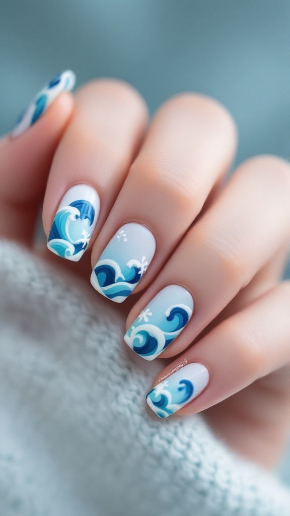Nails with beachy wave patterns in blue and white colors