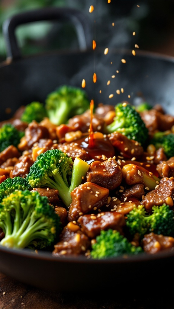 A delicious beef and broccoli stir-fry with sesame seeds on top.