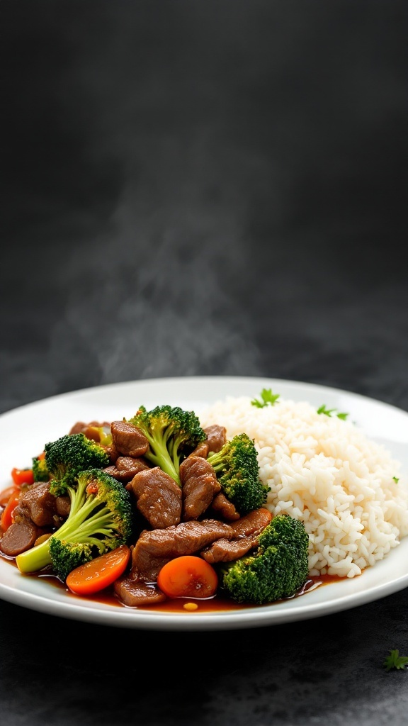 A delicious beef and broccoli stir-fry served with rice.