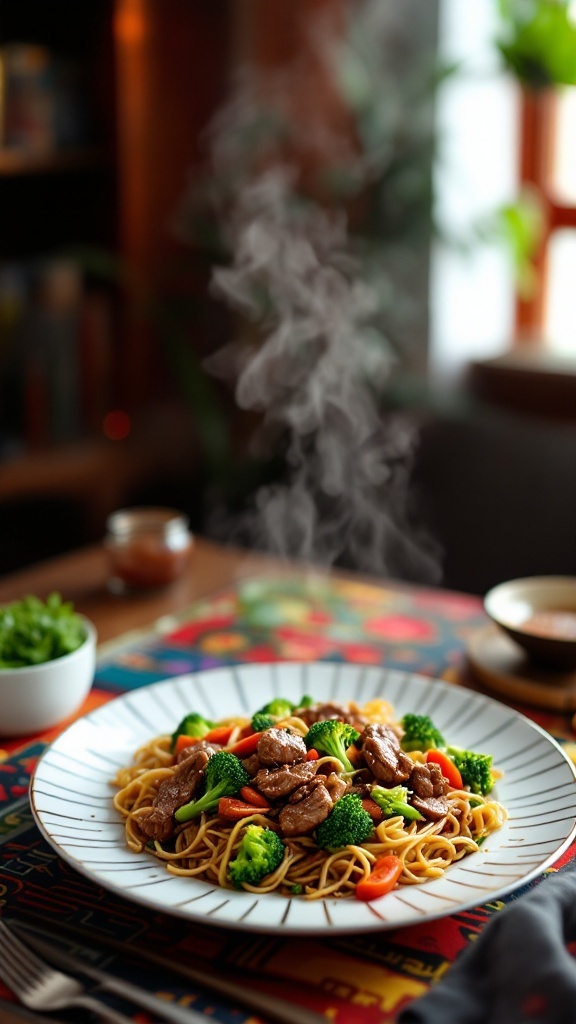 A plate of beef and broccoli stir-fry with noodles