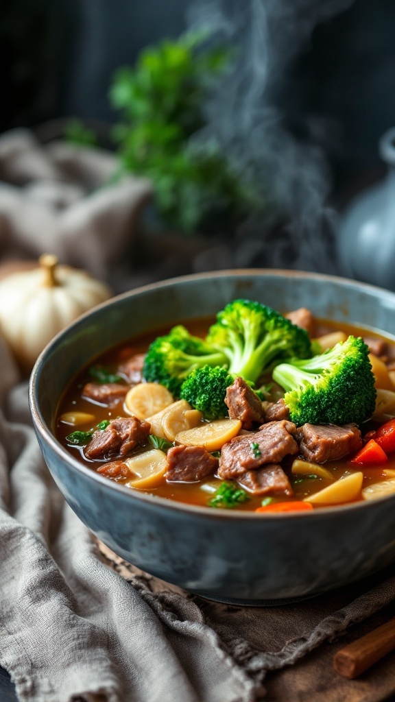 A bowl of beef and broccoli stir-fry soup, featuring tender beef, vibrant broccoli, and colorful vegetables in a steaming broth.