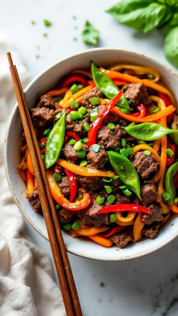 Beef stir-fry with bell peppers and snap peas