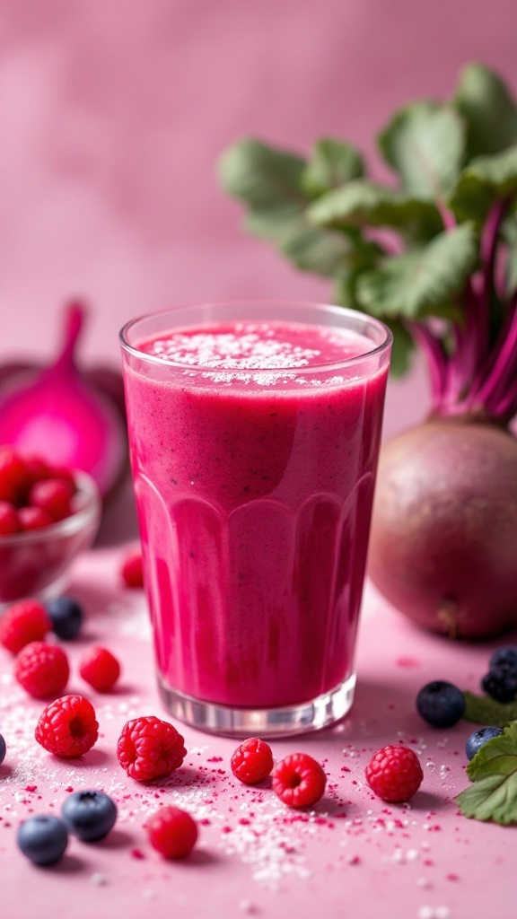 A vibrant pink smoothie with berries and a beet, garnished with fresh raspberries.
