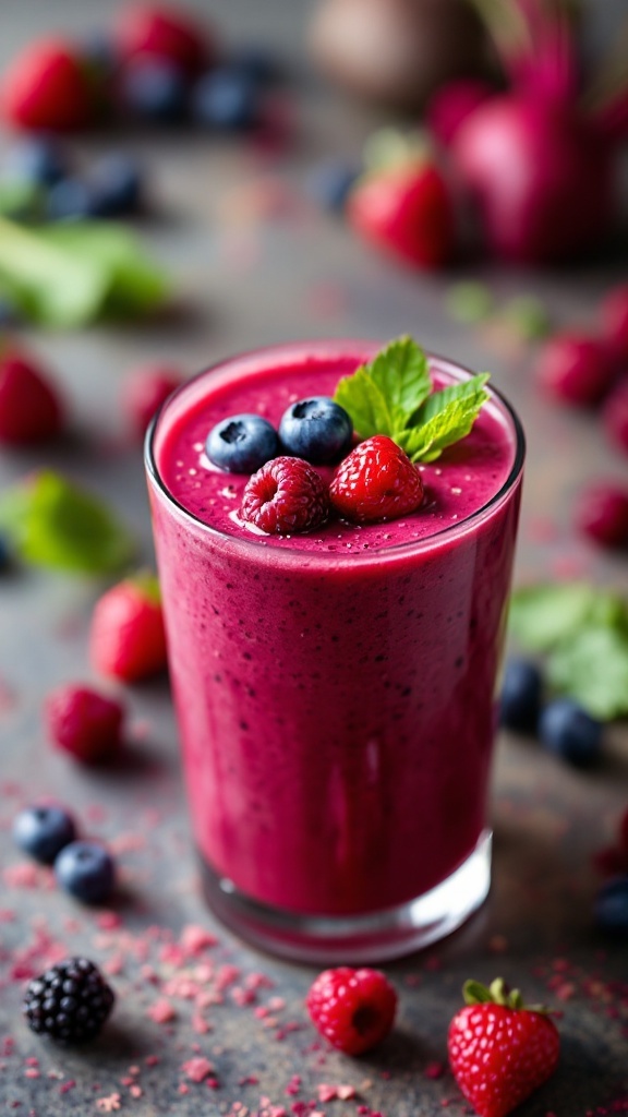 A vibrant beetroot and berry smoothie in a glass, garnished with fresh berries and mint.