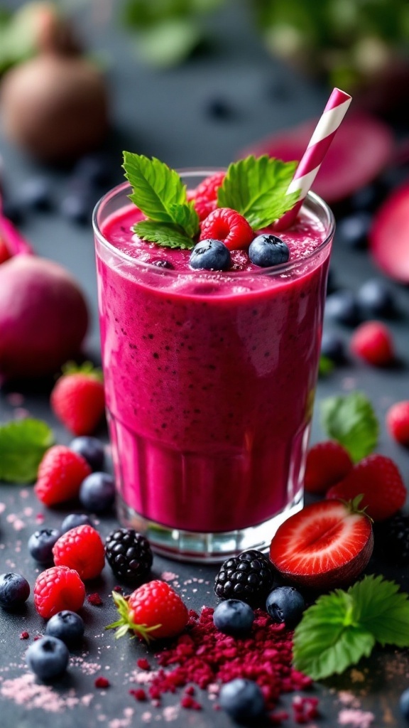 A refreshing beetroot and berry smoothie garnished with fresh berries and mint leaves.