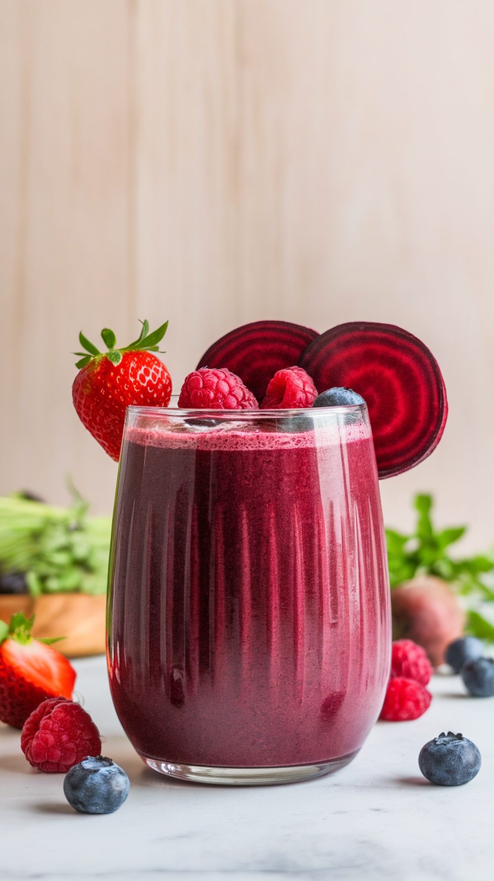 A vibrant beetroot and berry smoothie in a glass, topped with fresh berries.